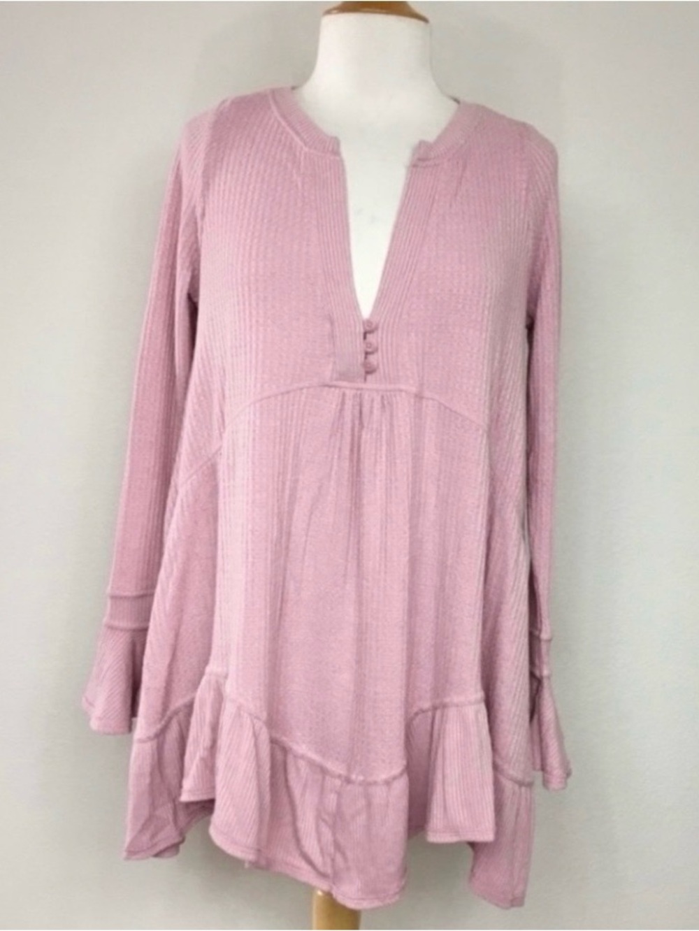 Free People Womens Pink Blush Waffle Knit Tiered Tunic XS Cottagecore Coastal